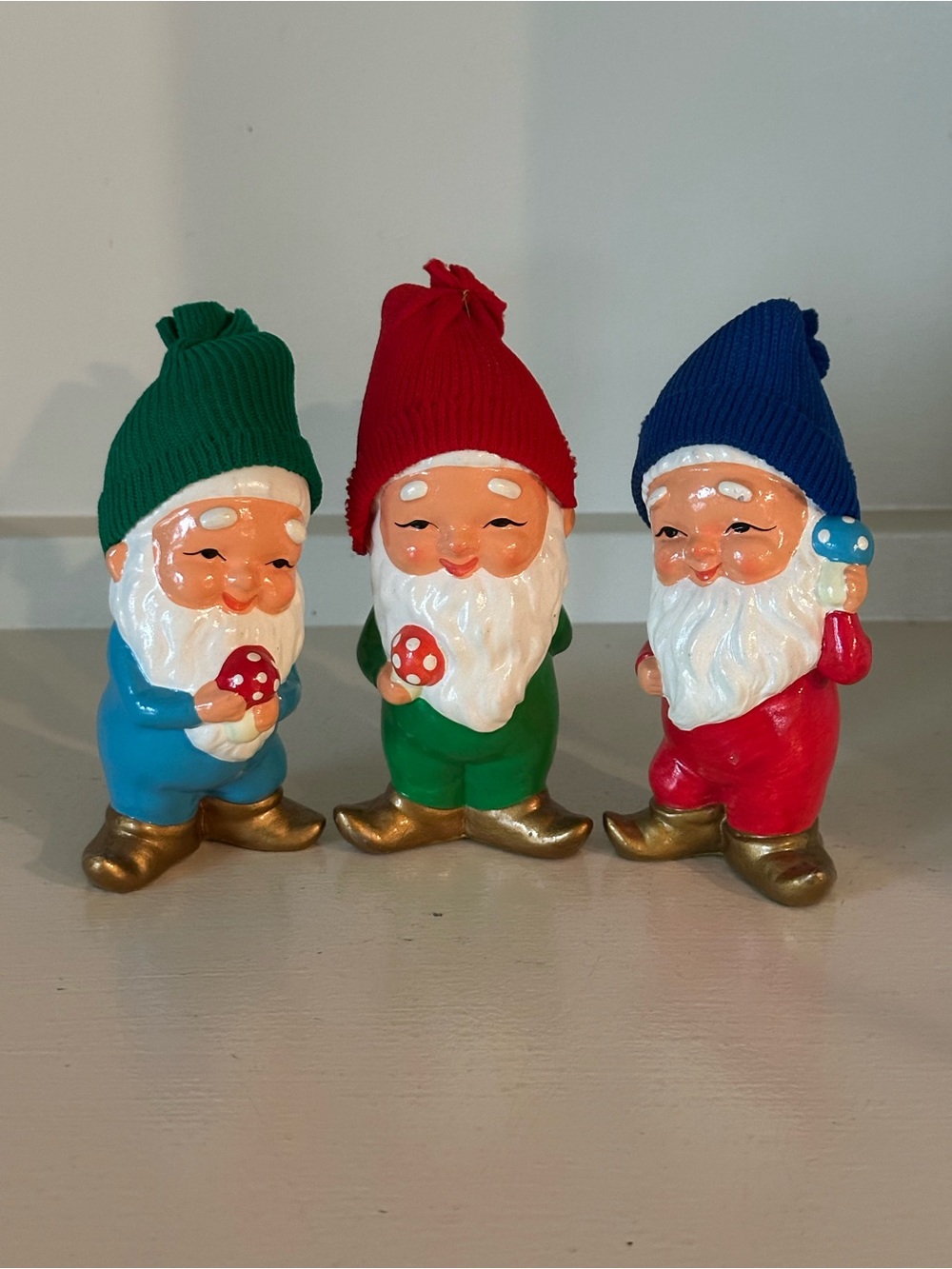 Vintage paper mache colorful bearded gnome figurines 5”